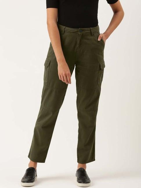 ivoc dark green cotton slim fit mid rise cargo pants