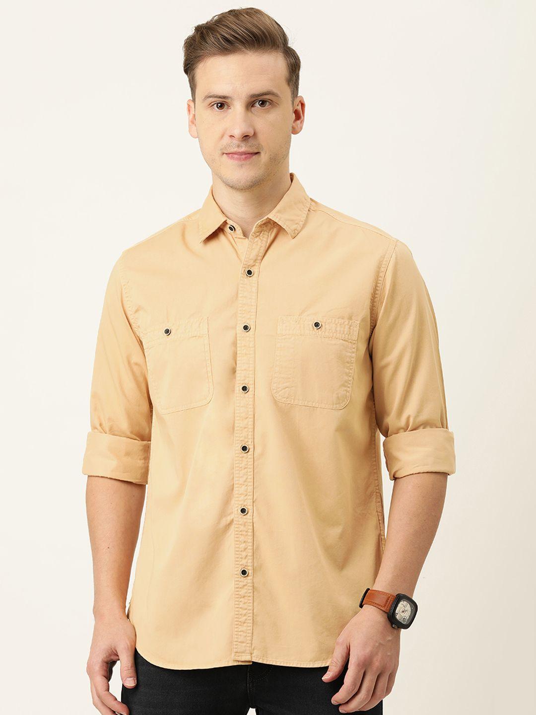 ivoc men beige solid casual shirt