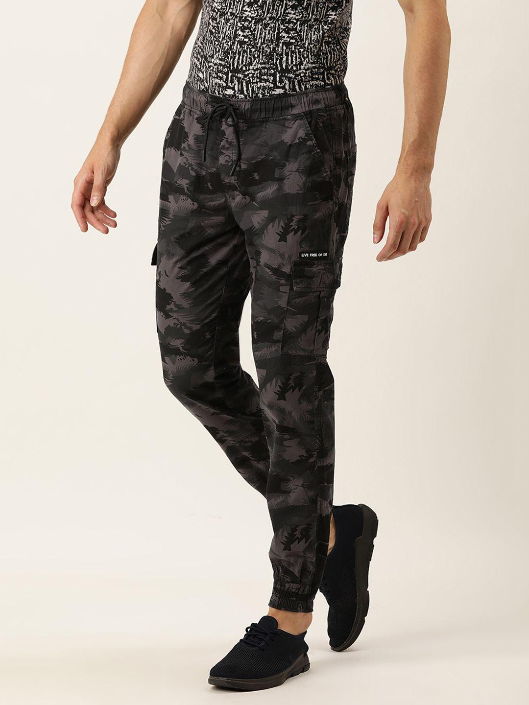 ivoc men black & grey camouflage printed slim fit cargo joggers
