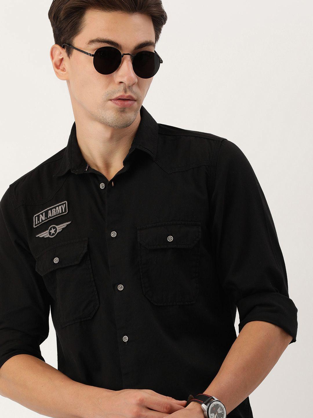 ivoc men black pure cotton solid standard slim fit casual shirt