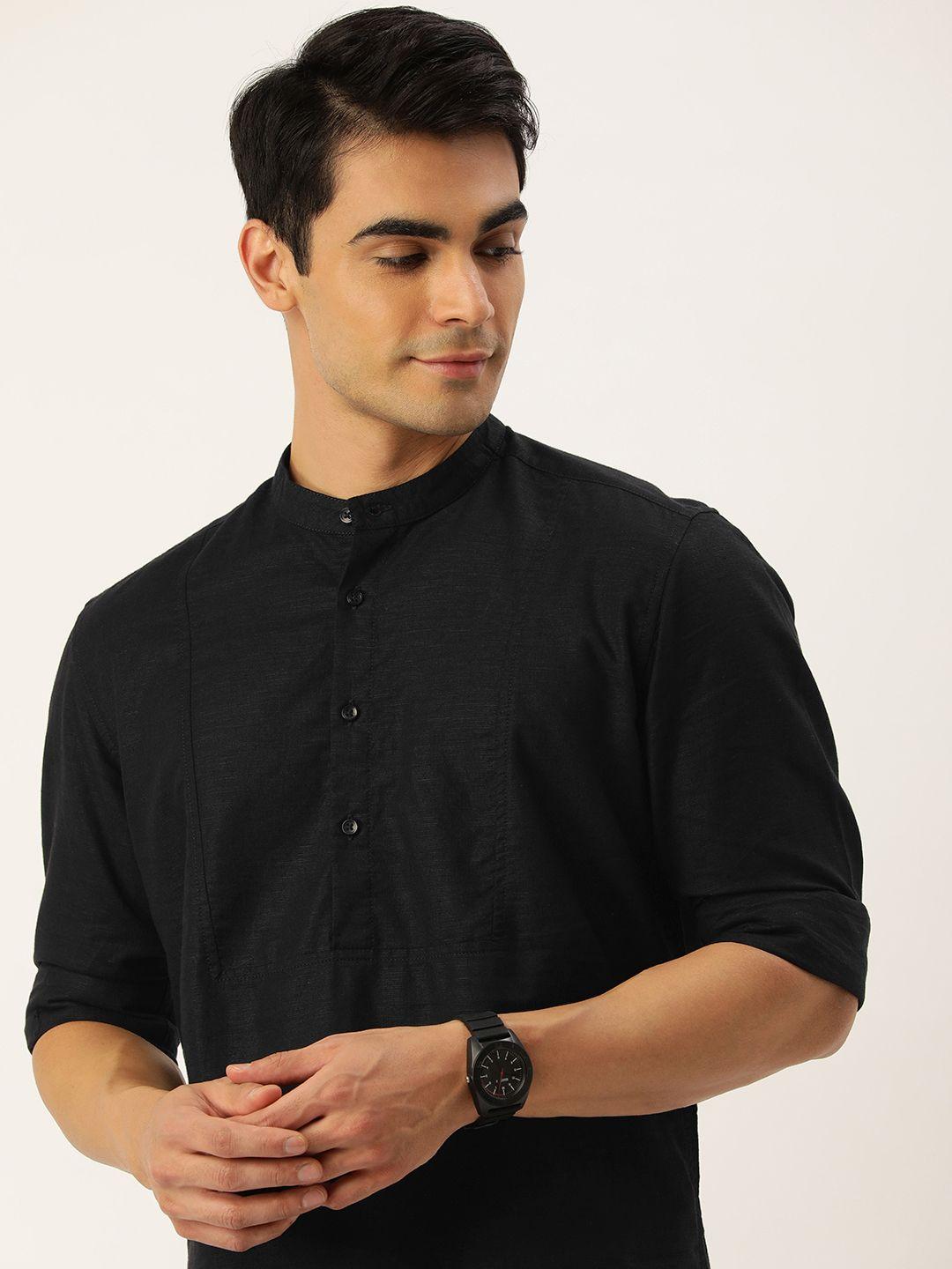 ivoc men black solid cotton linen kurta