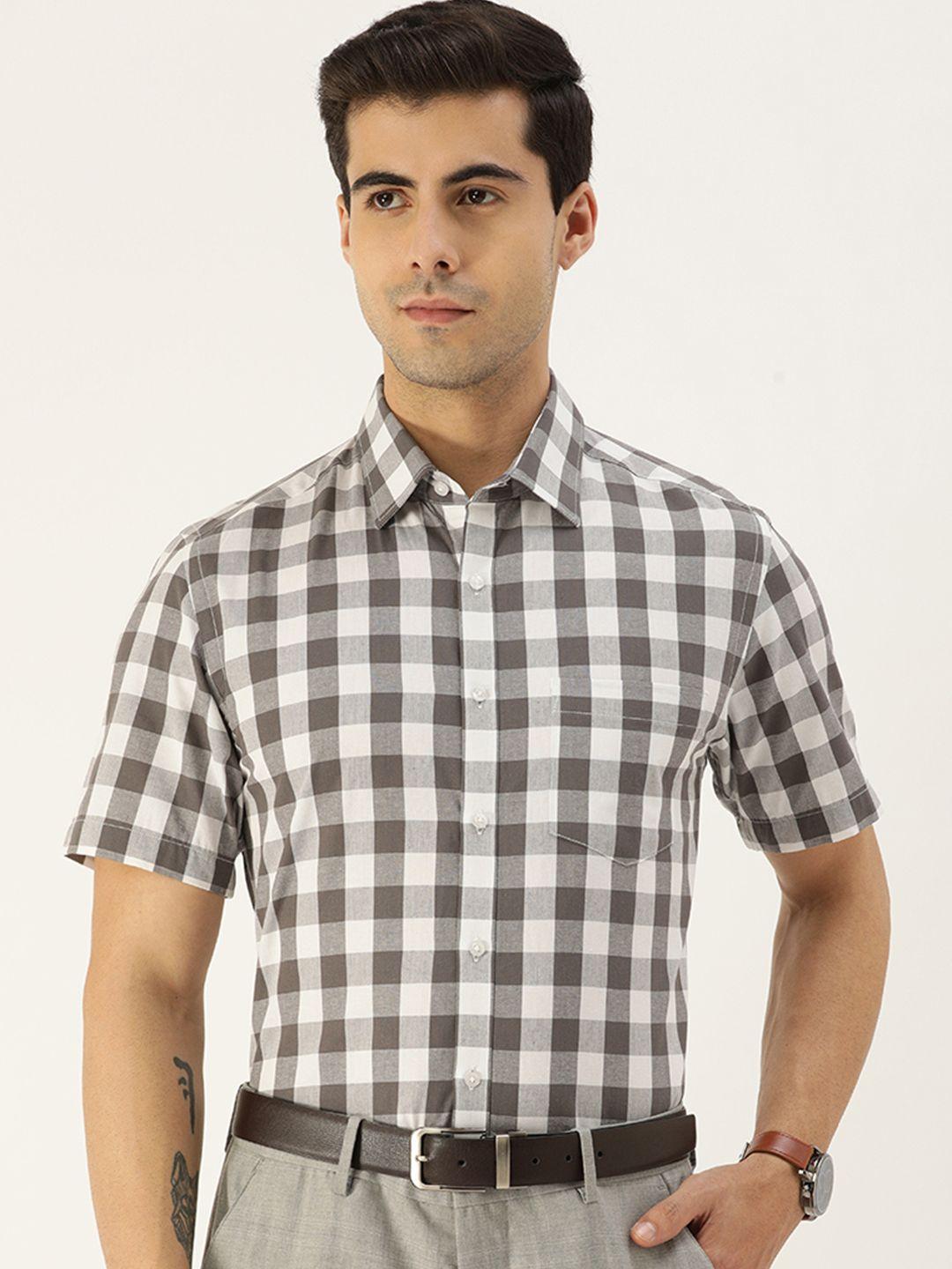 ivoc men grey & white standard slim fit gingham checks checked cotton semiformal shirt