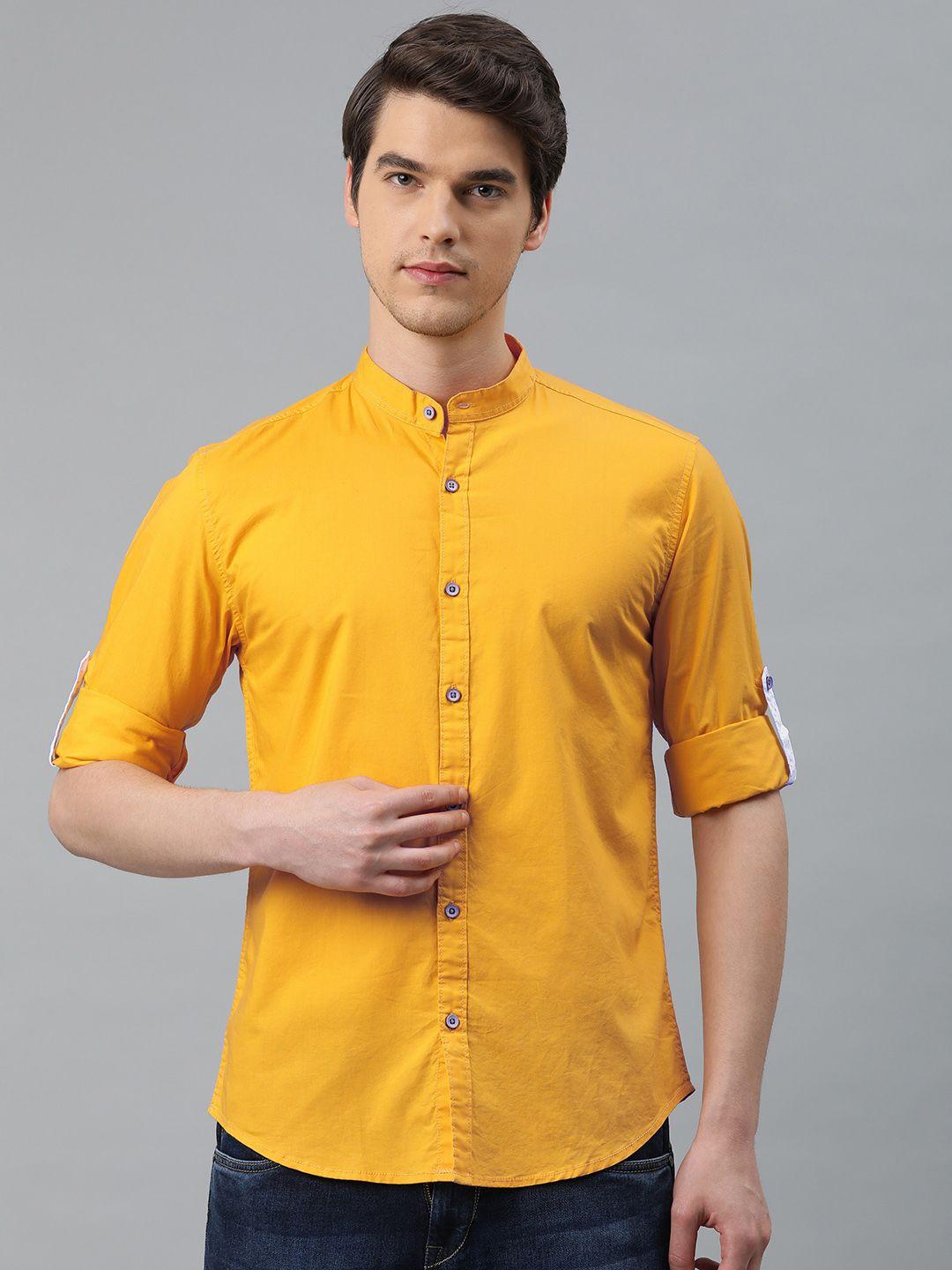 ivoc men mustard yellow slim fit solid casual shirt