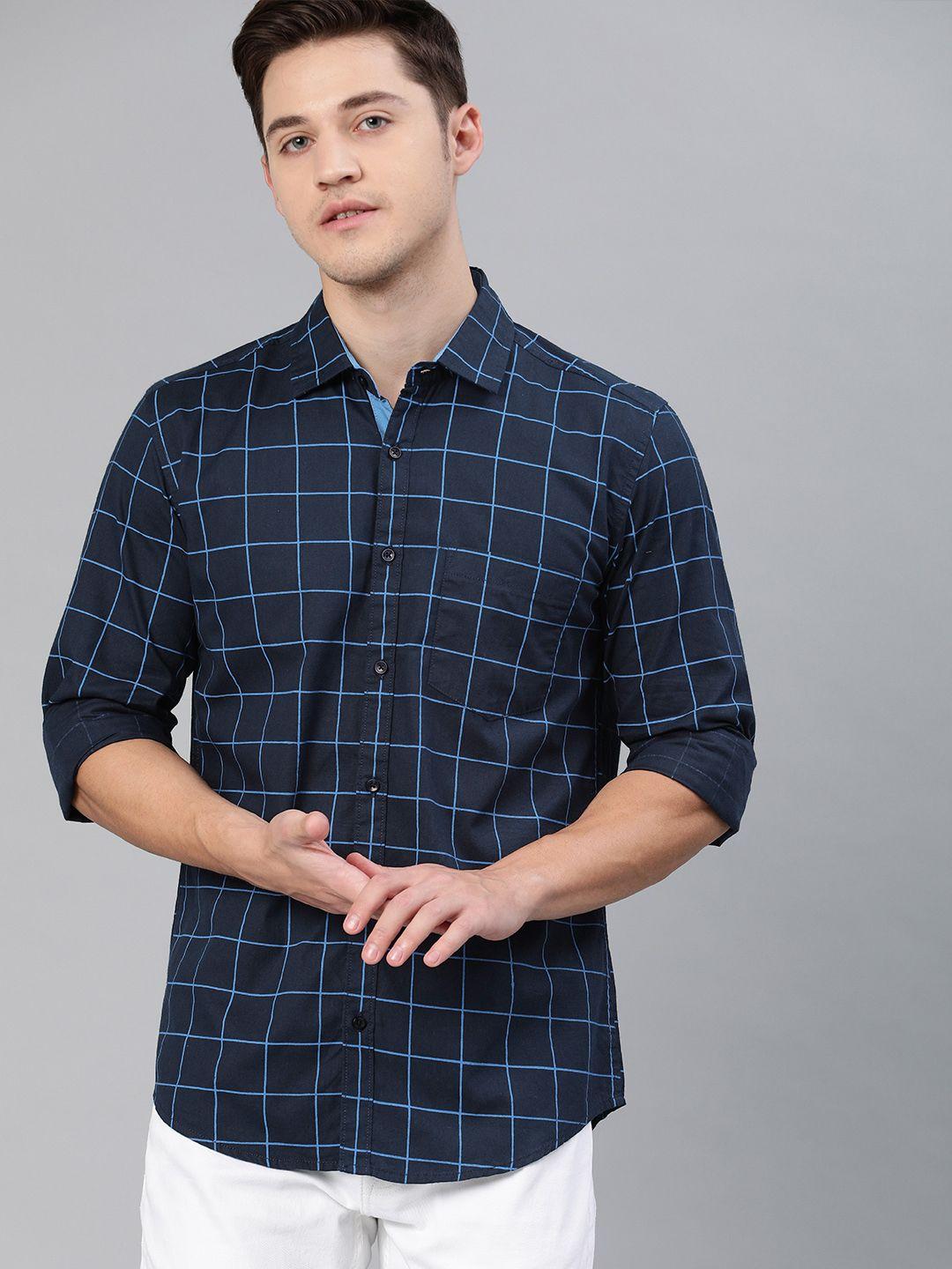 ivoc men navy blue slim fit checked casual shirt