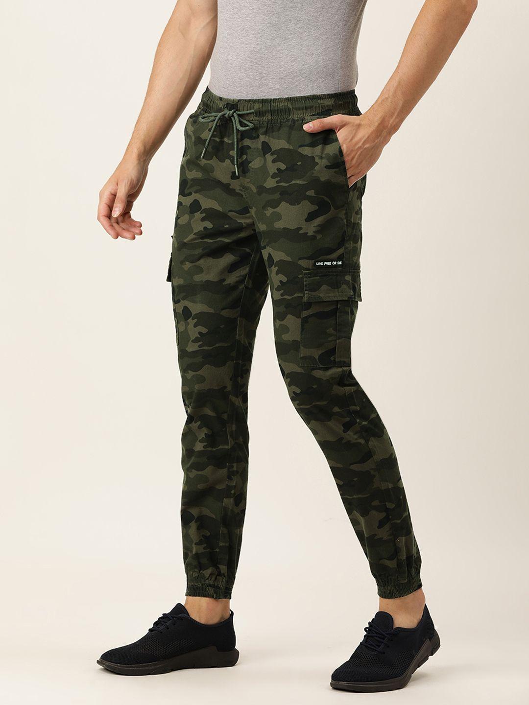ivoc men olive green camouflage print cotton slim fit comfort cargo joggers