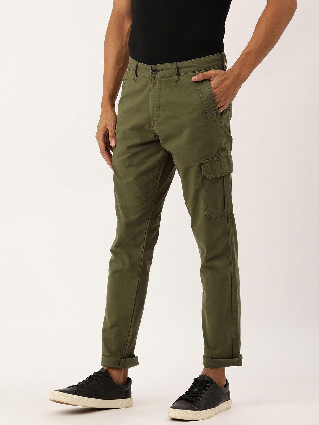 ivoc men olive green solid slim fit casual pure cotton cargos