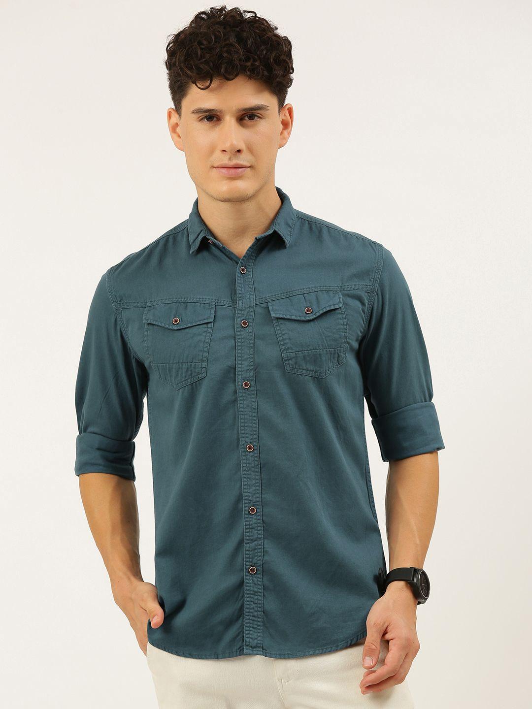 ivoc men teal blue pure cotton standard slim fit casual shirt