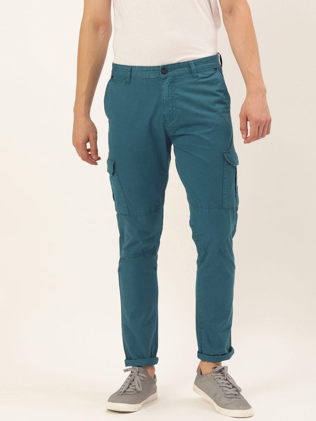 ivoc men teal blue slim fit cargos trousers