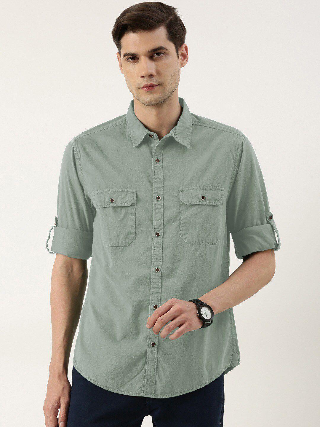 ivoc spread collar roll-up sleeves pure cotton casual shirt