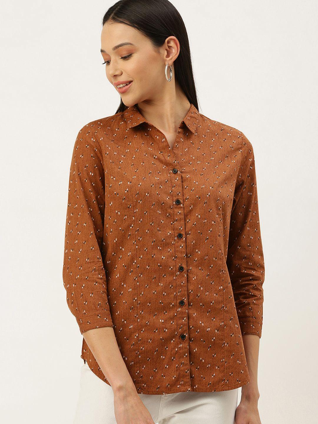 ivoc women brown slim fit opaque printed casual shirt