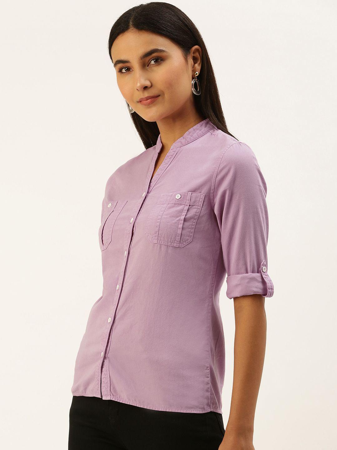 ivoc women lavender solid standard slim fit pure cotton casual shirt