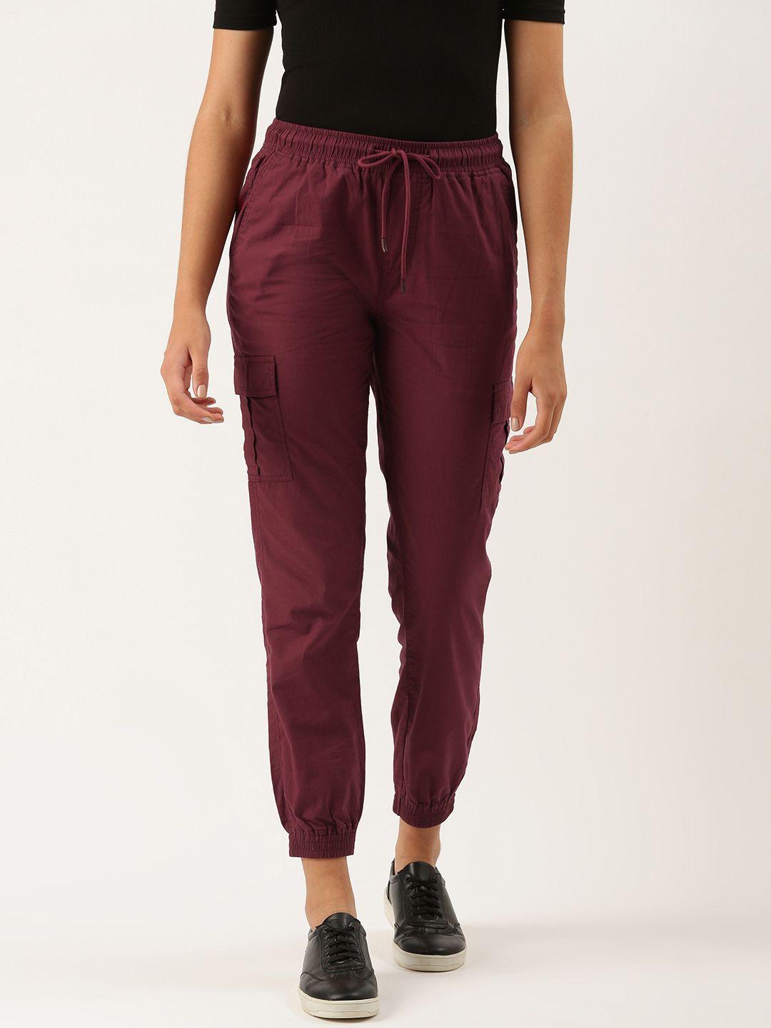 ivoc women maroon solid pure cotton regular fit mid-rise casual joggers