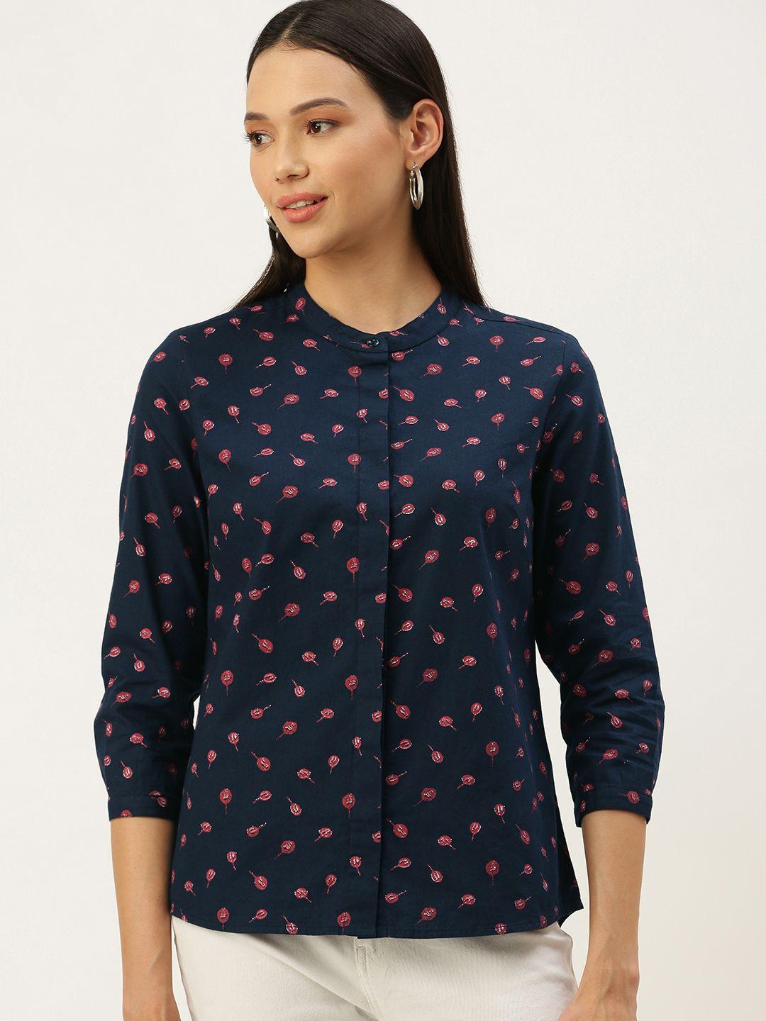 ivoc women navy blue slim fit opaque printed casual shirt