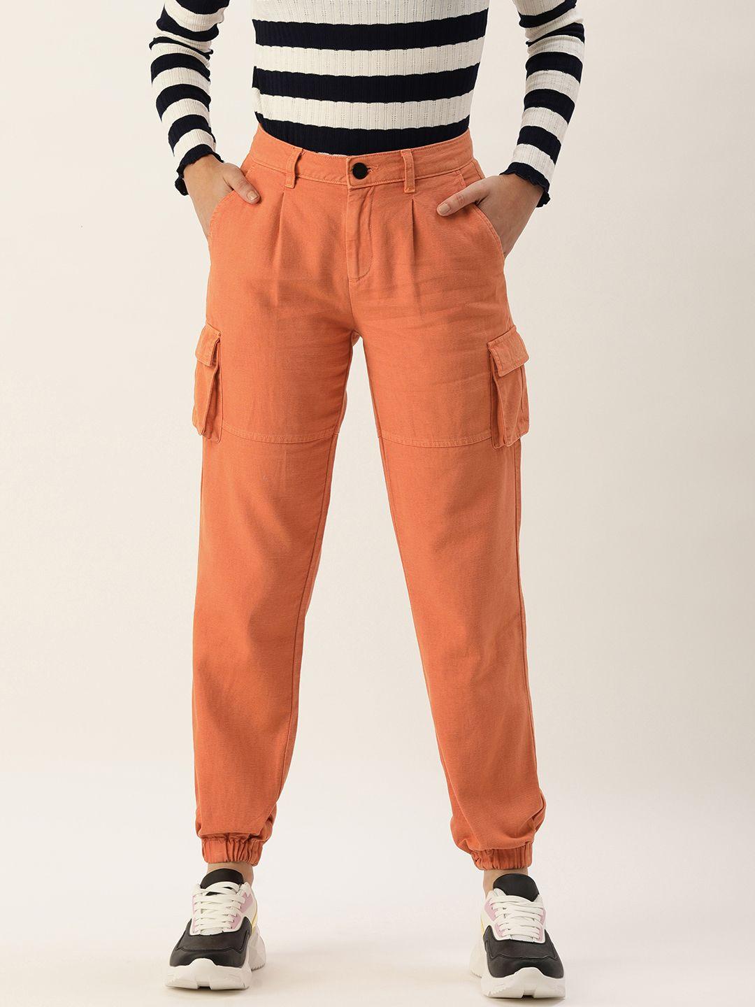 ivoc women orange regular fit pleated cotton joggers trousers