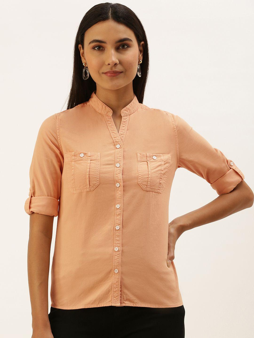 ivoc women peach-coloured solid standard slim fit pure cotton casual shirt