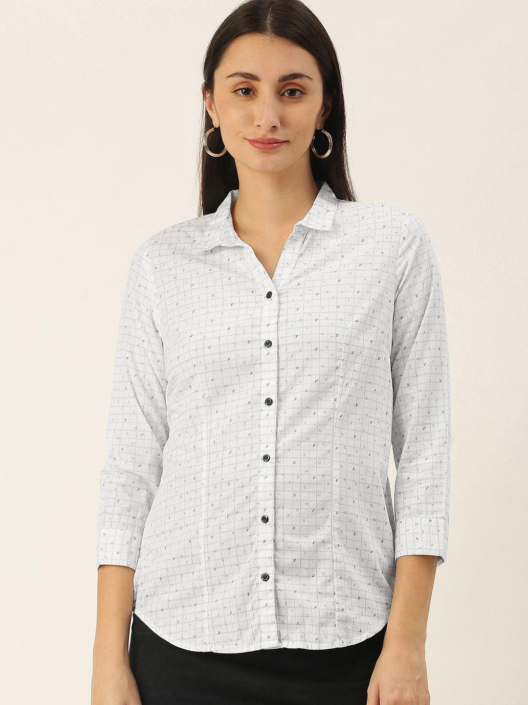 ivoc women white & grey slim fit checked pure cotton casual shirt