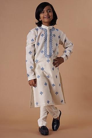 ivory & blue chanderi embroidered kurta set for boys