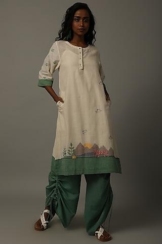 ivory & green embroidered tunic with pants
