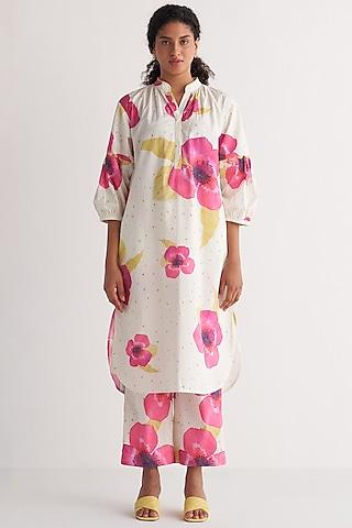 ivory & pink cotton cambric printed tunic set