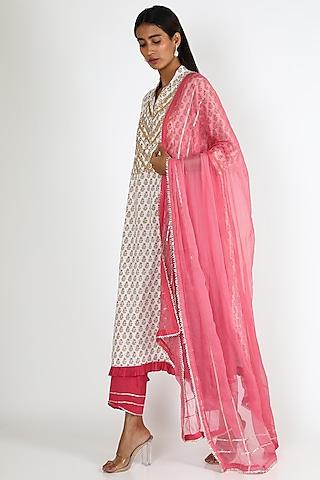ivory & pink embroidered kurta set