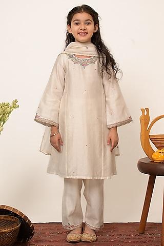 ivory chanderi silk embroidered a-line kurta set for girls