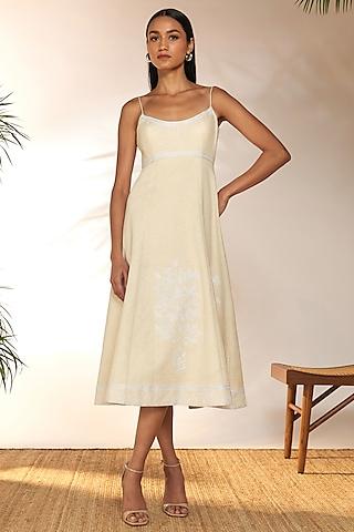 ivory cotton flex embroidered midi dress