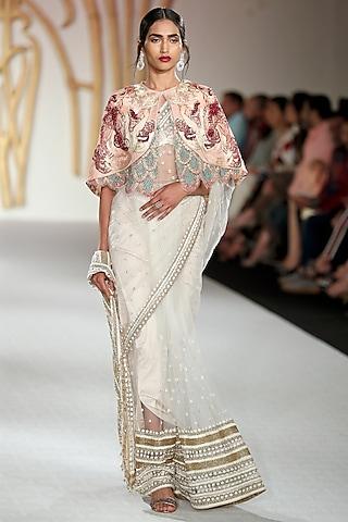 ivory embroidered saree and cape set
