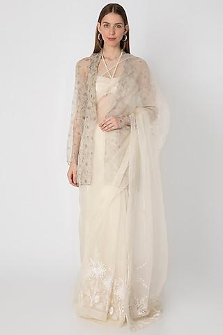 ivory embroidered saree set with printed jacket