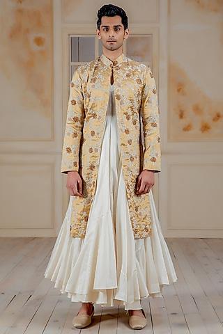 ivory kurta set with hand embroidered quilted achkan jacket