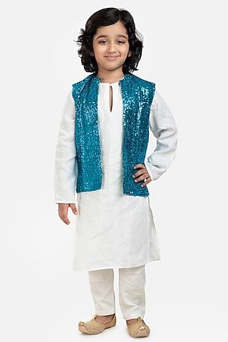 ivory linen kurta set with bundi jacket for boys