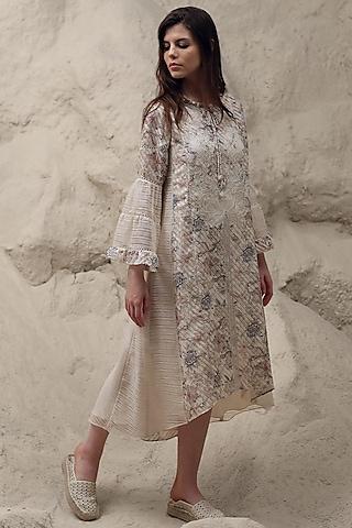 ivory printed & embroidered dress with inner