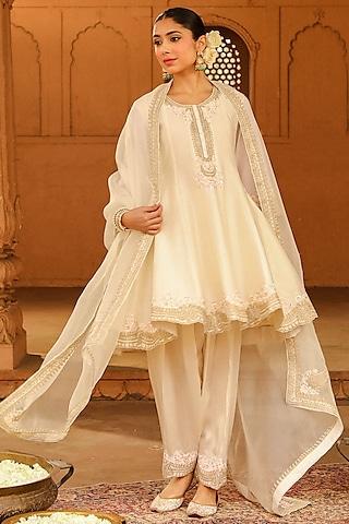 ivory pure silk chanderi kashmiri tilla embroidered short kalidar kurta set