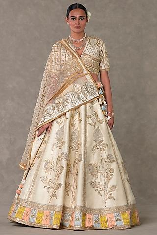 ivory raw silk resham & sitara embroidered lehenga set