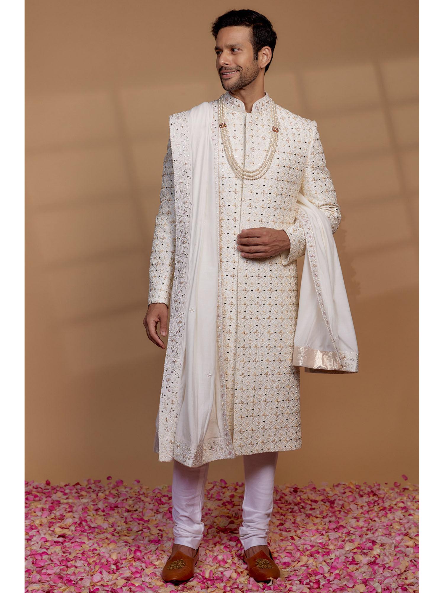 ivory raw silk sequin embellished sherwani with churidar and shawl (set of 3)