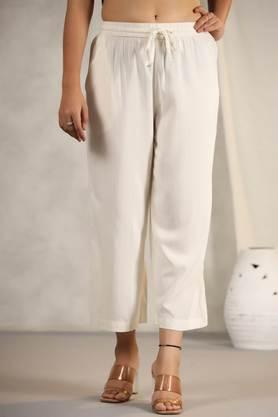 ivory stripped modal rayon women pants with single side pockets & drawstring - ivory