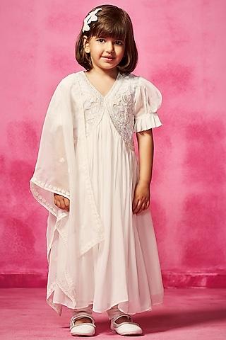 ivory tulle & satin raw silk thread embroidered kalidar kurta set for girls