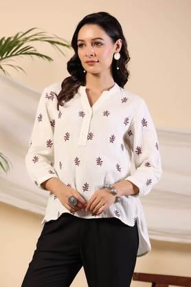 ivory-women-floral-embroidered-high-low-cotton-tunic-with-half-placket---ivory