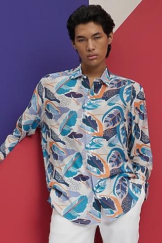 ivory & aqua fluid cotton tropical printed shirt