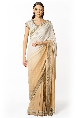 ivory & beige ombre georgette bead embroidered saree set