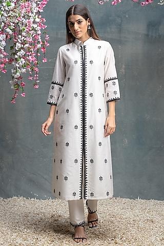 ivory & black chanderi & cotton silk embroidered kurta set