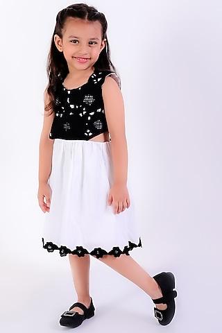 ivory & black cotton linen thread embroidered cut-out dress for girls