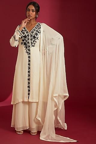 ivory & black georgette embroidered kurta set