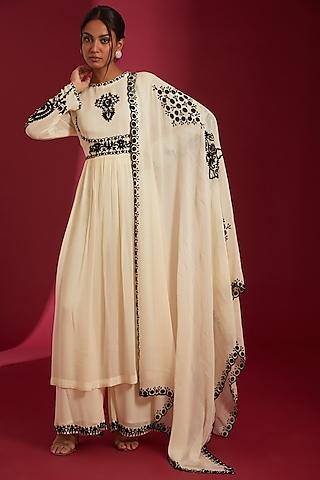 ivory & black georgette embroidered kurta set