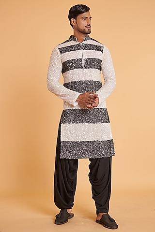 ivory & black georgette hand embroidered striped kurta set