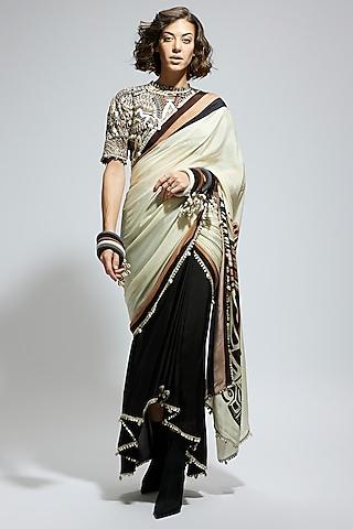 ivory & black silk printed saree set