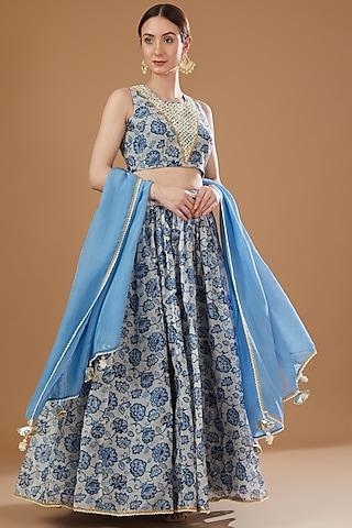 ivory & blue chanderi lehenga set