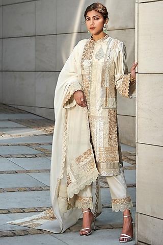 ivory & gold chanderi kurta set with patch work