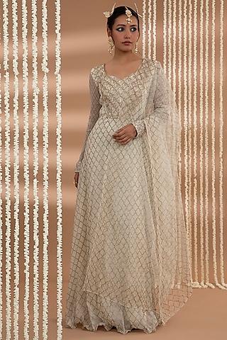 ivory & gold crushed organza hand embroidered anarkali set