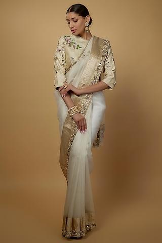 ivory & gold handloom organza embroidered saree set