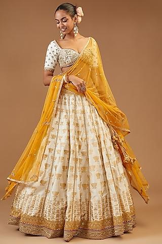 ivory & gold silk printed lehenga set